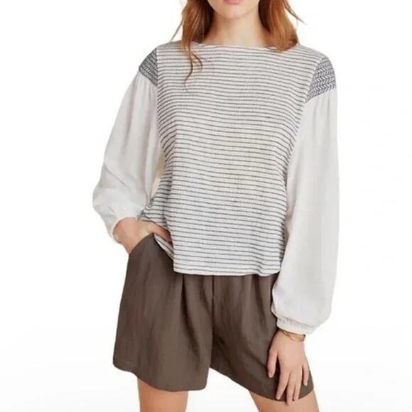 By Anthropologie Aiden Peasant Top Boho Blouse White Black Textured Stripe - Picture 1 of 8